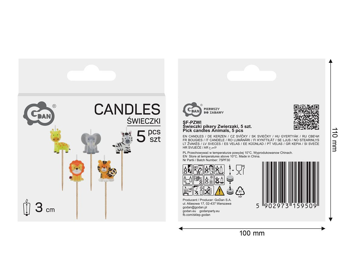 Pick candles Animals, total length 7 cm, 5 pcs