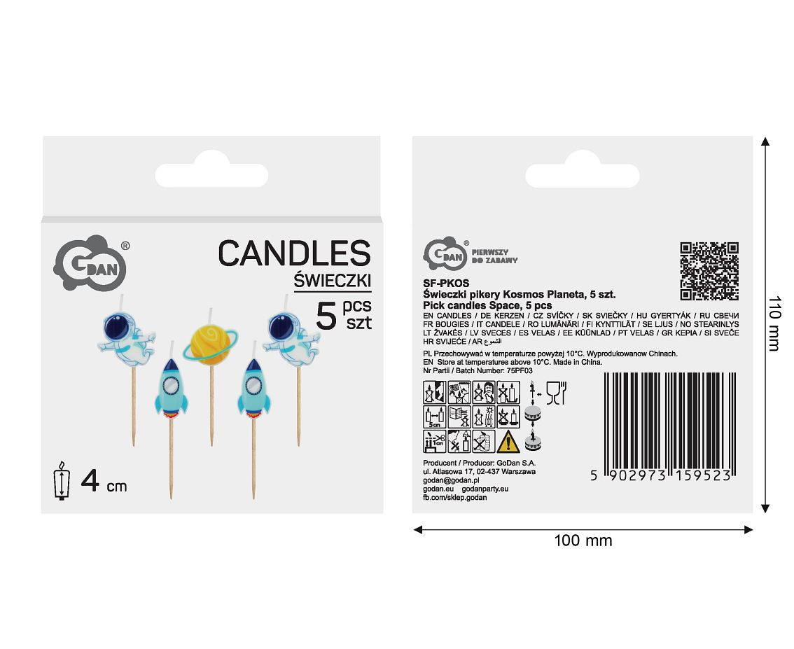 Pick candles Space, total length 7,5 cm, 5 pcs
