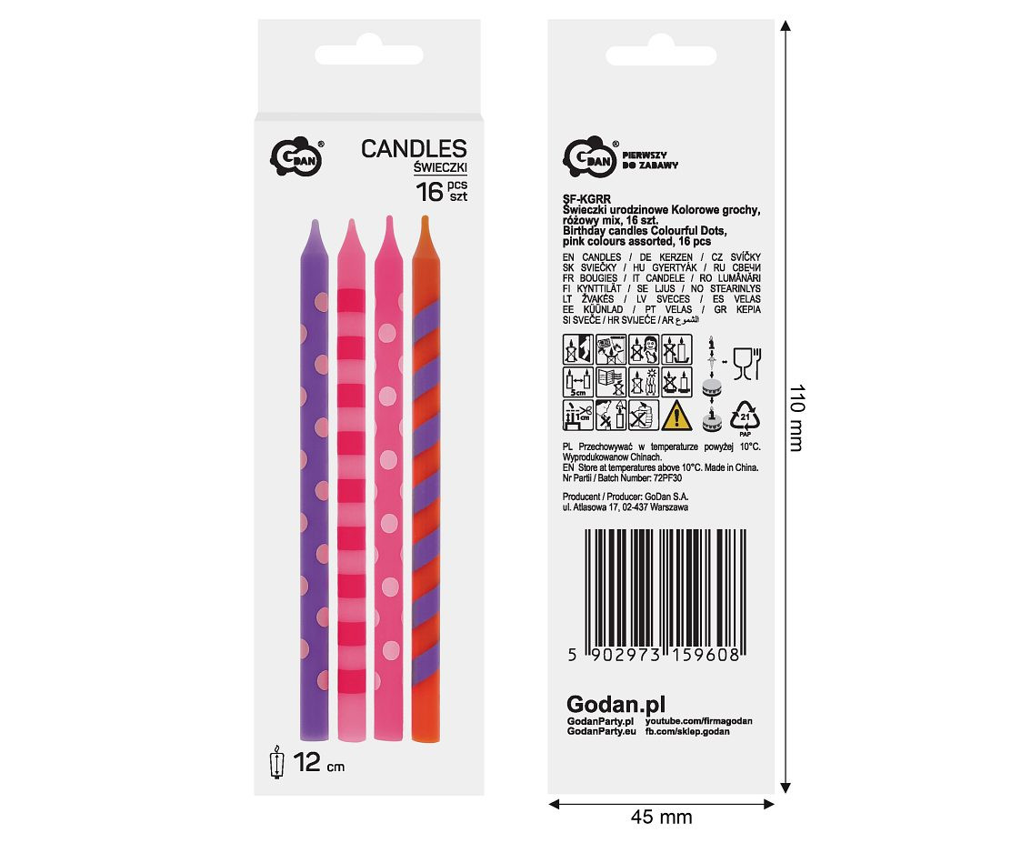 Birthday candles Colourful Dots, pink colours assorted, 12 cm, 16 pcs