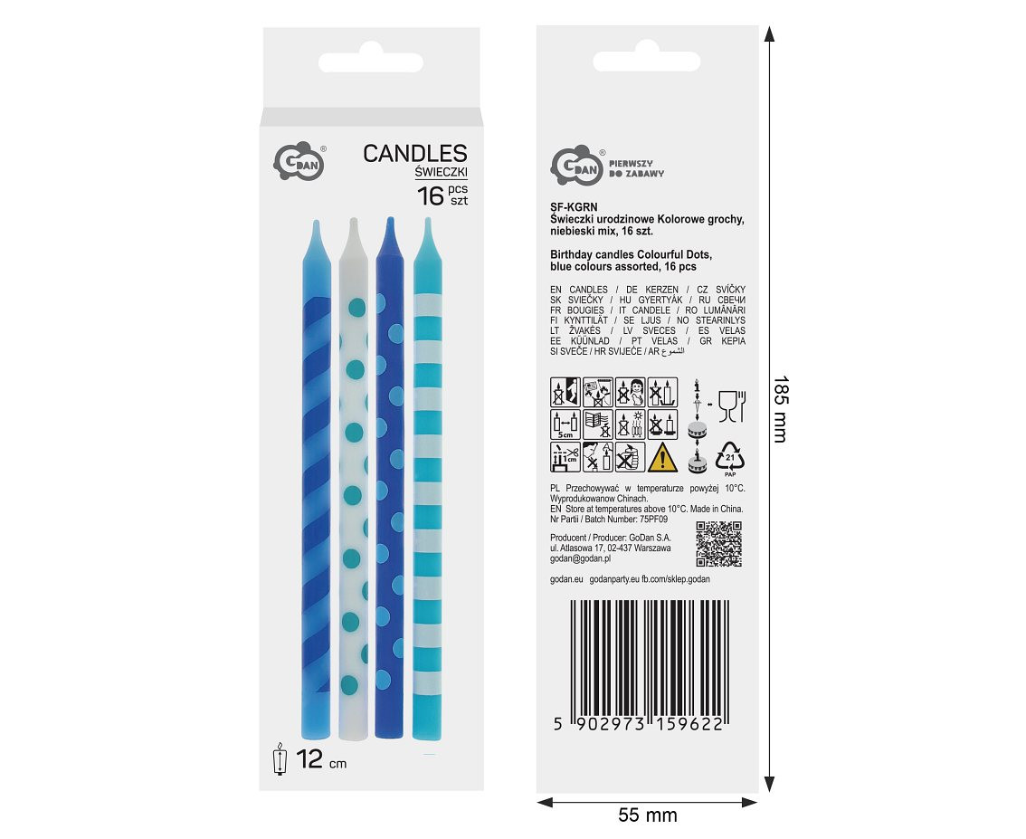 Birthday candles Colourful Dots, blue colours assorted, 12 cm, 16 pcs