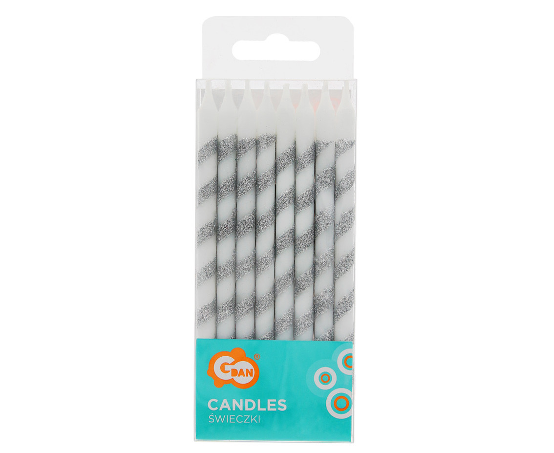 Birthday candles Twister, glitter silver, 16 pcs EOL