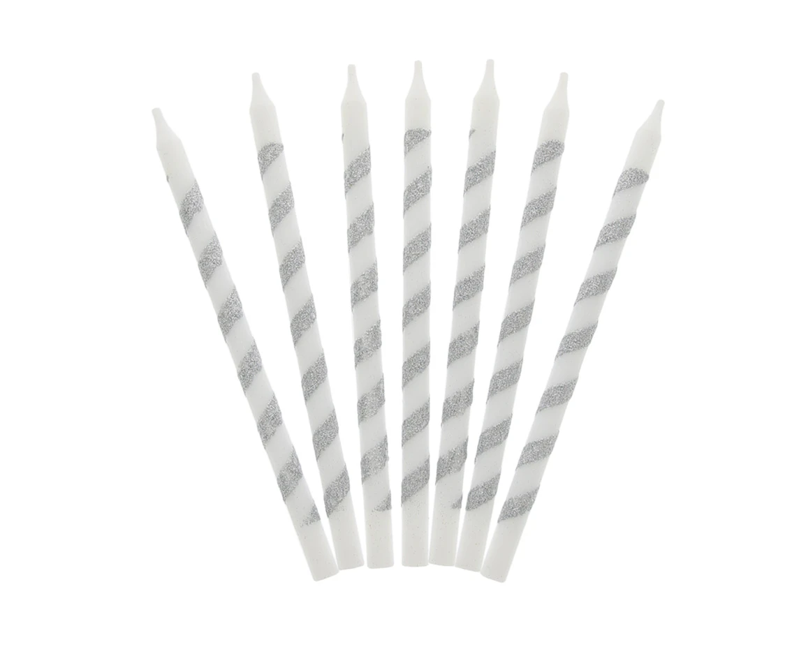 Birthday candles Twister, glitter silver, 16 pcs EOL