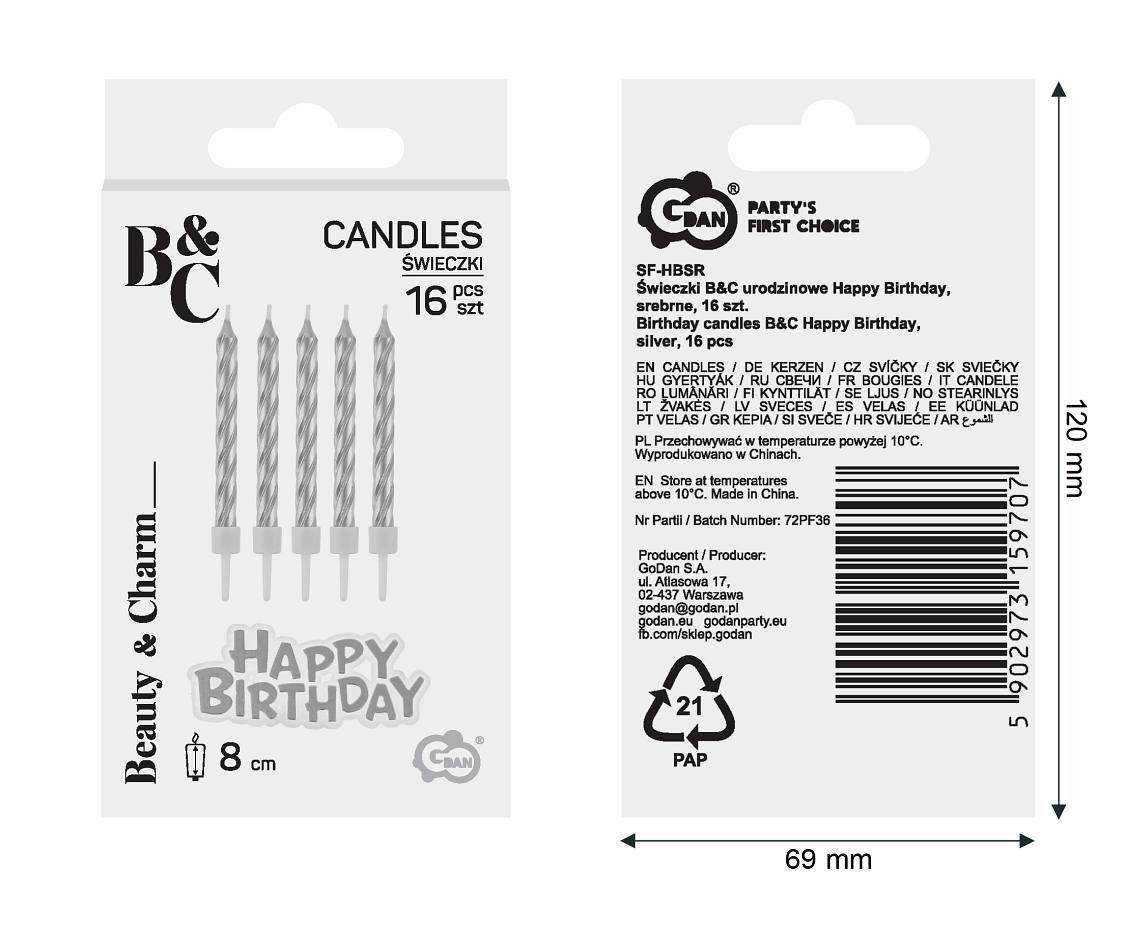 Birthday candles B&C Happy Birthday, silver, 16 pcs