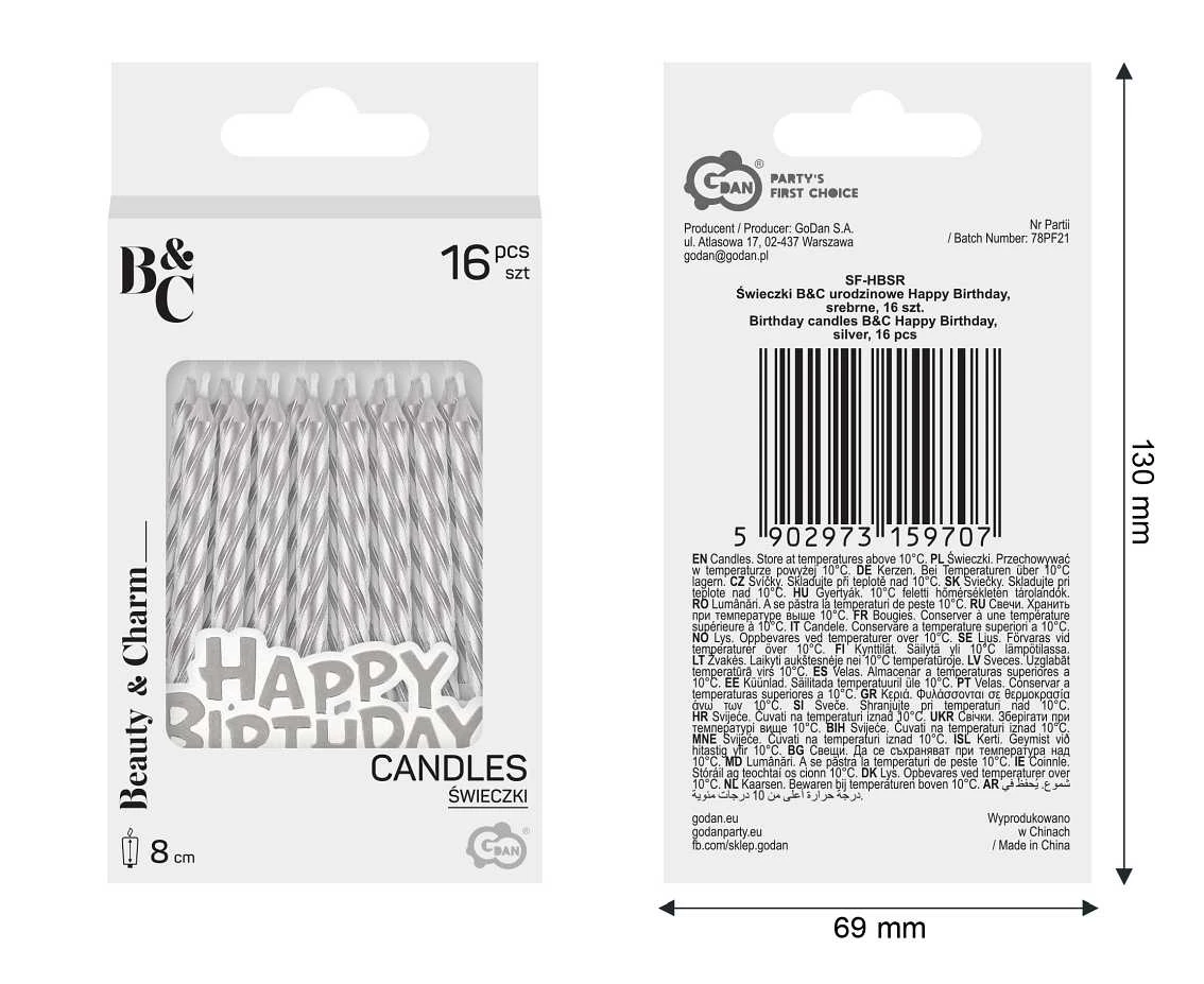 Birthday candles B&C Happy Birthday, silver, 16 pcs