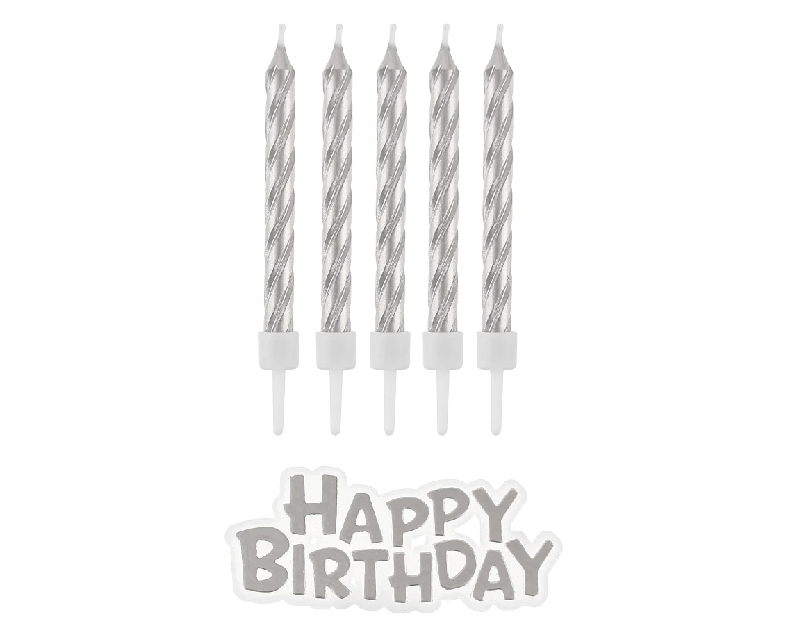 Birthday candles B&C Happy Birthday, silver, 16 pcs