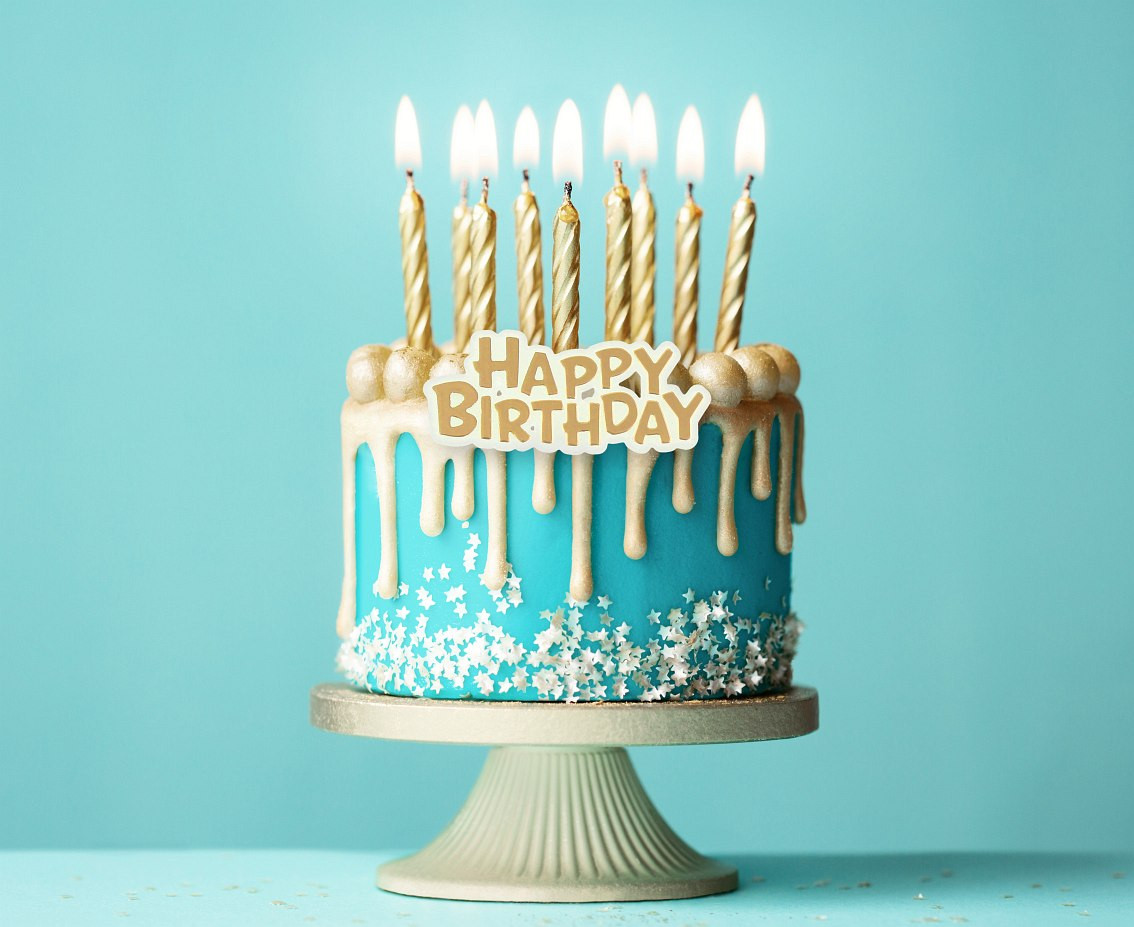 Birthday candles B&C Happy Birthday, gold, 8 cm, 16 pcs