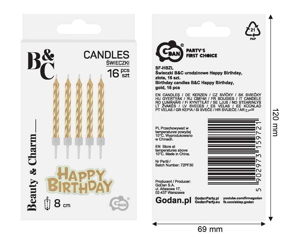 Birthday candles B&C Happy Birthday, gold, 8 cm, 16 pcs