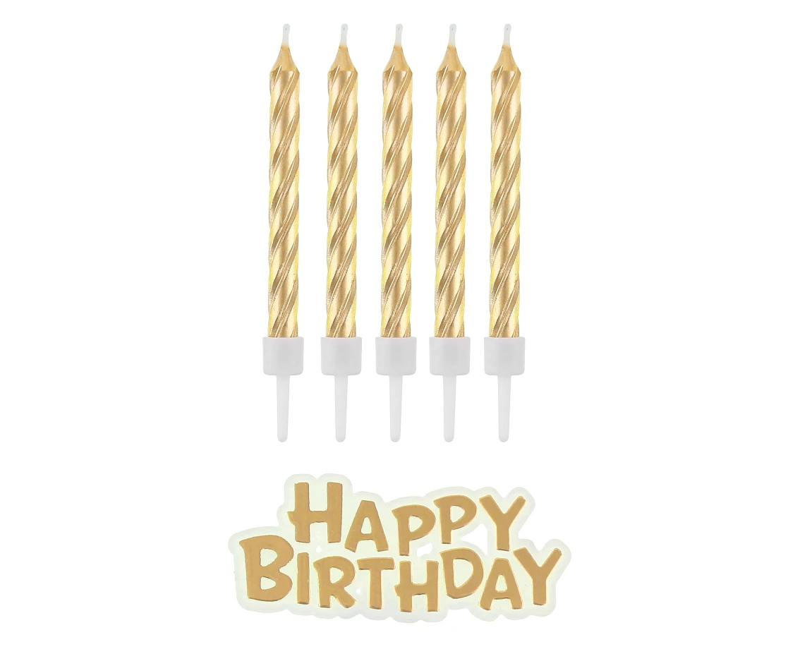 Birthday candles B&C Happy Birthday, gold, 8 cm, 16 pcs