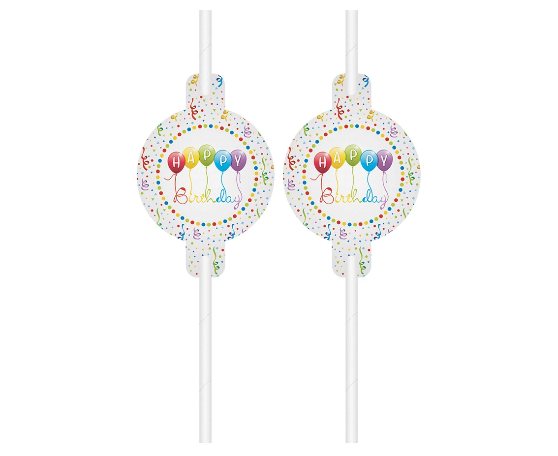 Drinking straws with deco card Happy Birthday Streamers, 4 pcs EOL