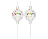 Drinking straws with deco card Happy Birthday Streamers, 4 pcs EOL