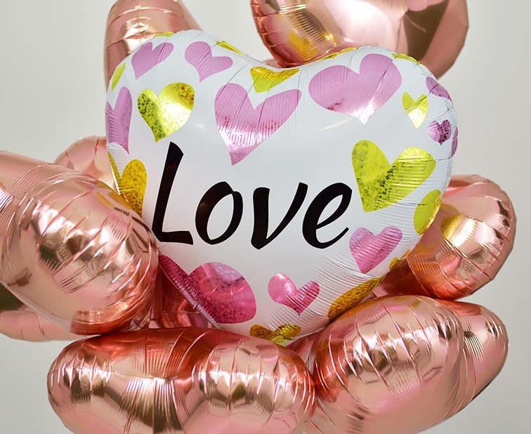 Ibrex Helium Balloon, heart 25", White Love Pink & Gold Hearts, packed