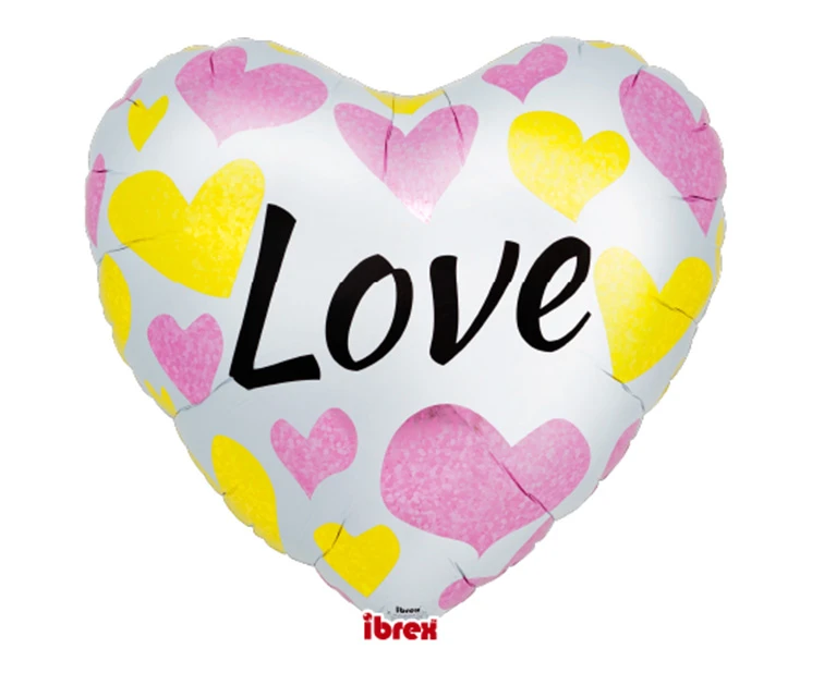 Ibrex Helium Balloon, heart 25", White Love Pink & Gold Hearts, packed
