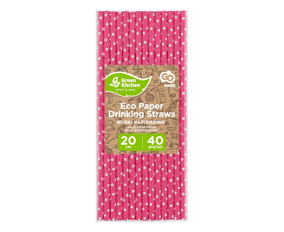 Drinking paper straws, magenta, polks dots, 6x197mm / 40 pcs EOL