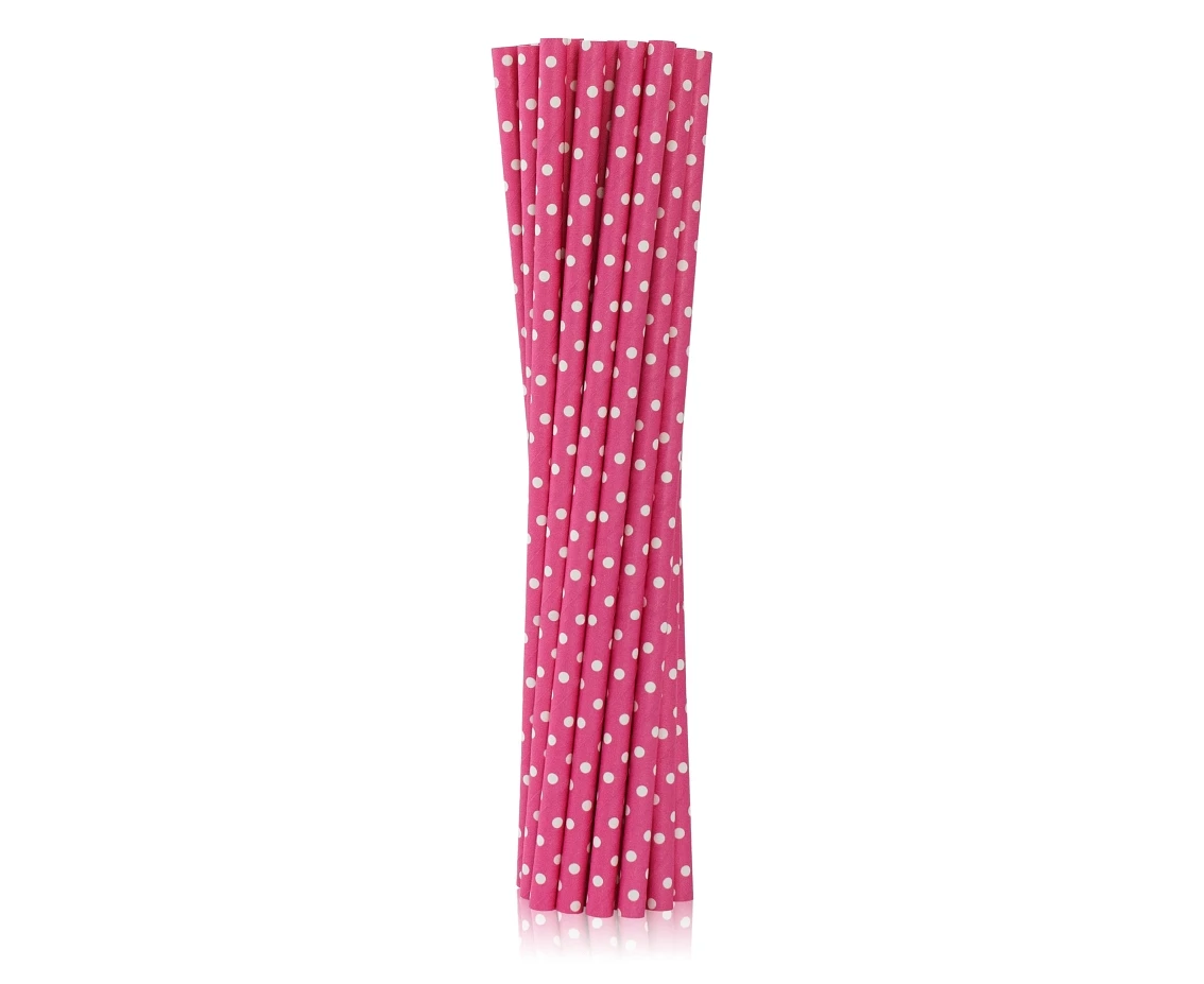 Drinking paper straws, magenta, polks dots, 6x197mm / 40 pcs EOL