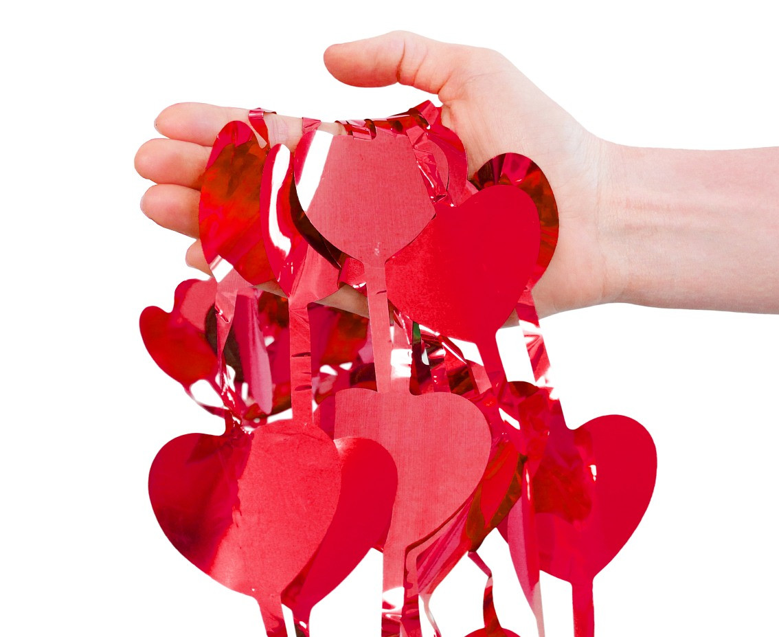 Fringe Deco Curtain B&C Hearts, metallic red, 100 x 200 cm