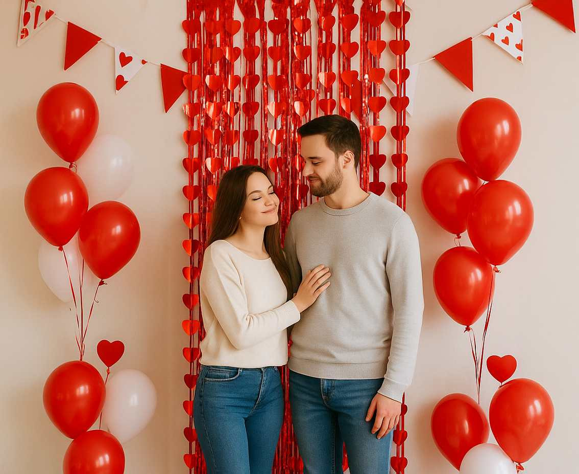 Fringe Deco Curtain B&C Hearts, metallic red, 100 x 200 cm