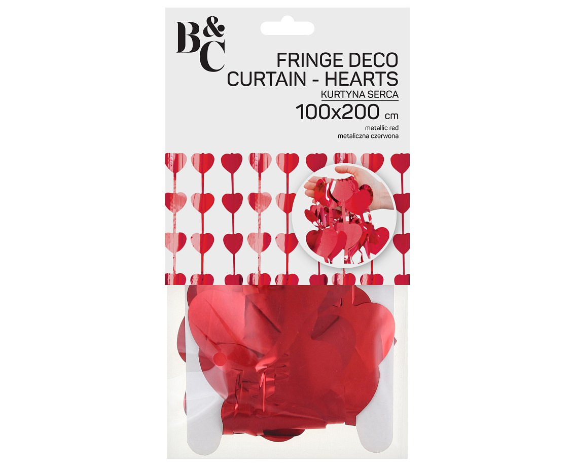 Fringe Deco Curtain B&C Hearts, metallic red, 100 x 200 cm