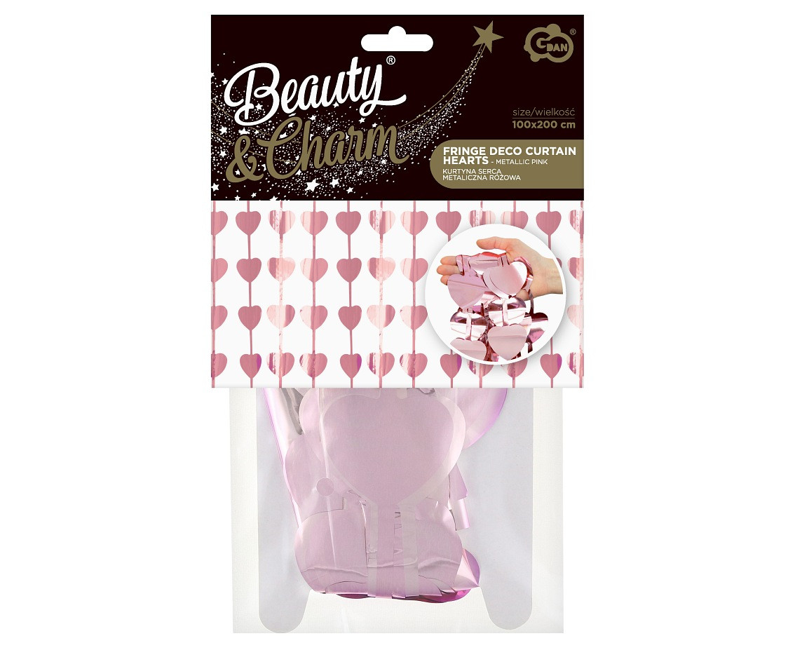 Fringe Deco Curtain B&C Hearts, metallic pink, 100 x 200 cm EOL