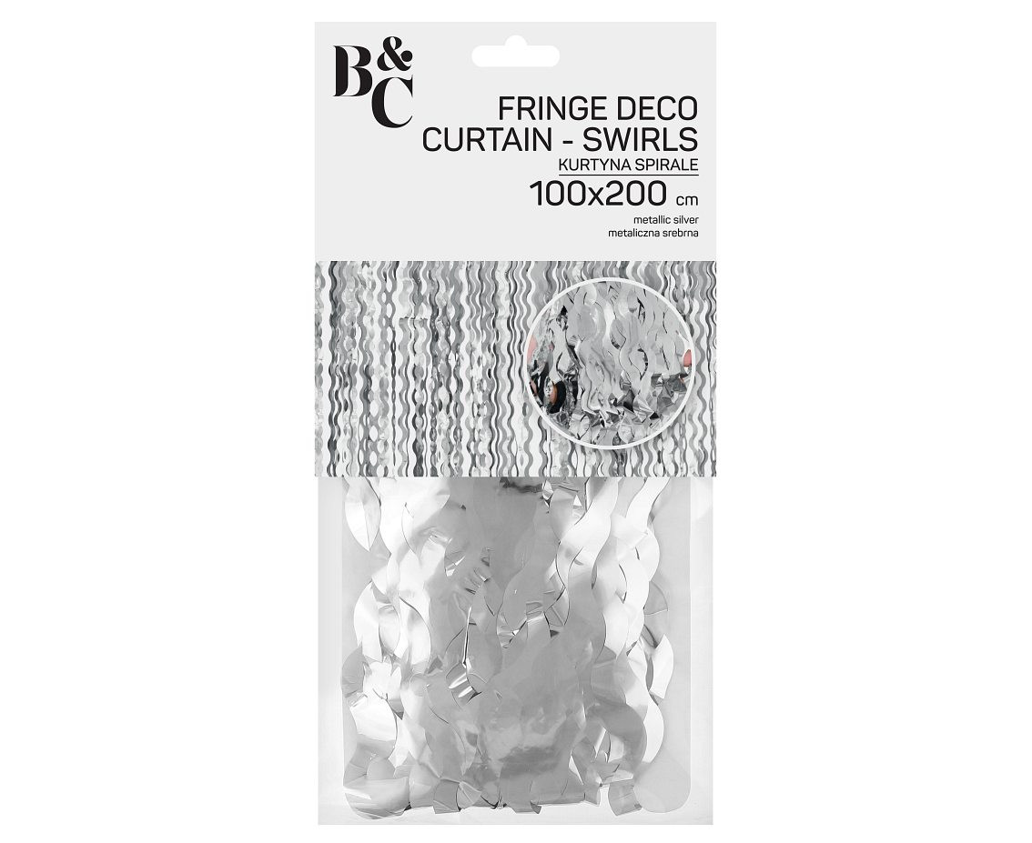 Fringe Deco Curtain B&C Swirls, metallic silver, 100 x 200 cm