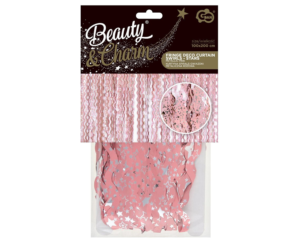 Fringe Deco Curtain B&C Swirls - Silver Stars, pink, 100 x 200 cm