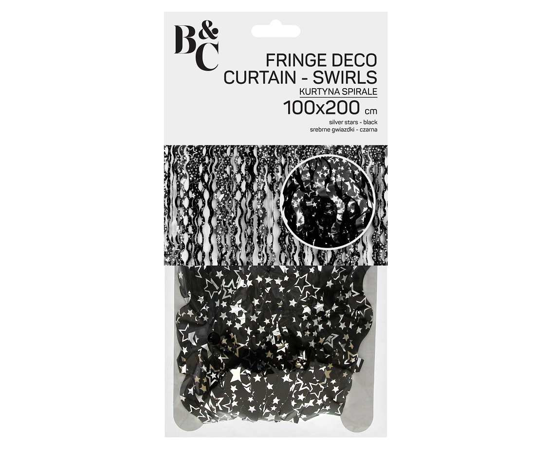 Fringe Deco Curtain B&C Swirls - Silver Stars, black, 100 x 200 cm