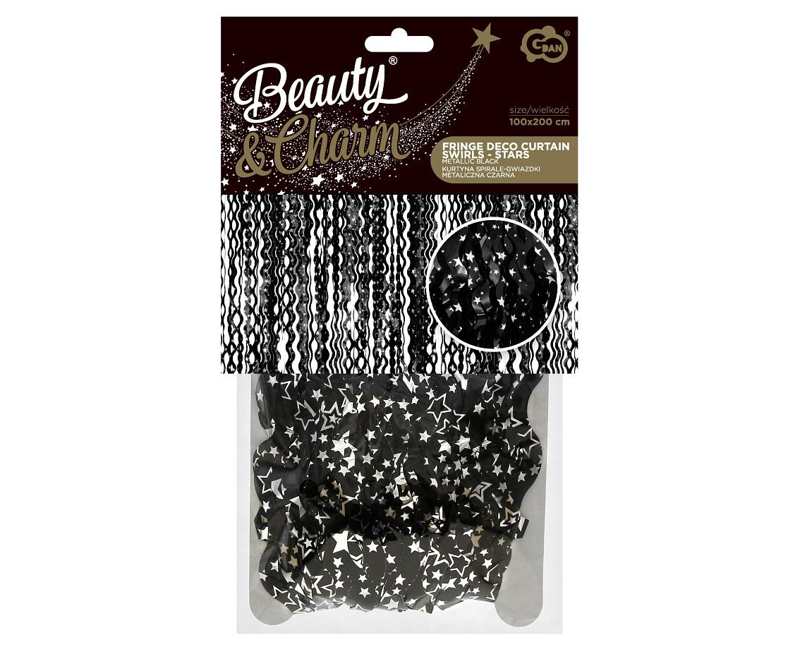 Fringe Deco Curtain B&C Swirls - Silver Stars, black, 100 x 200 cm