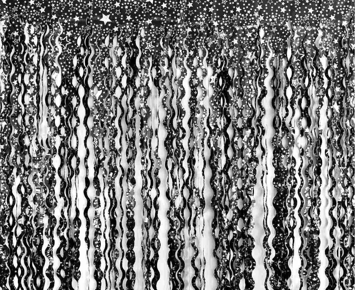 Fringe Deco Curtain B&C Swirls - Silver Stars, black, 100 x 200 cm