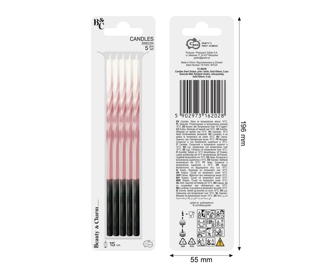 Candles Swirl Ombre, pink / white, 5x5x150mm, 5 pcs