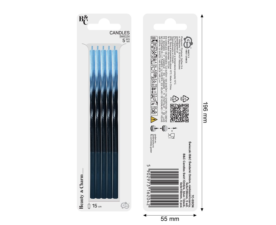Candles Swirl Ombre, blue / black, 5x5x150mm, 5 pcs