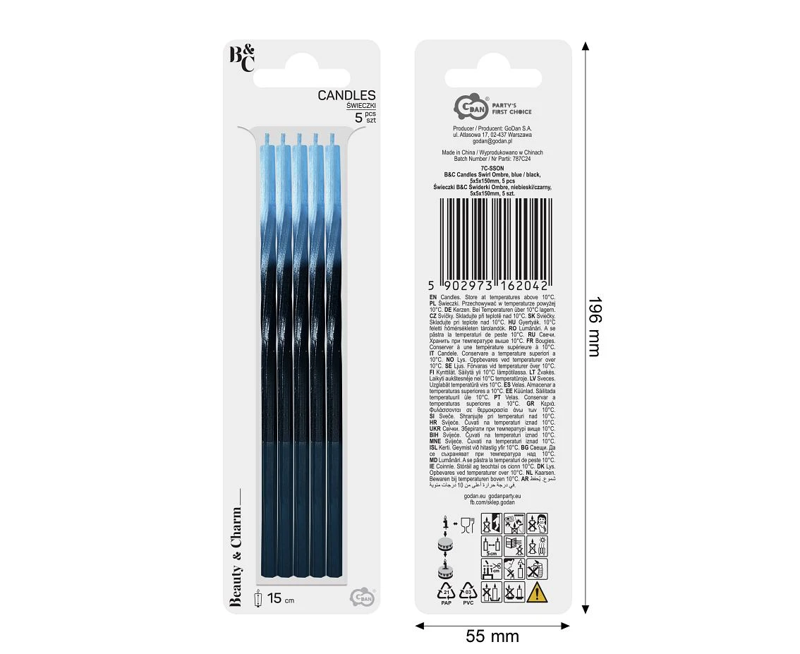 Candles Swirl Ombre, blue / black, 5x5x150mm, 5 pcs