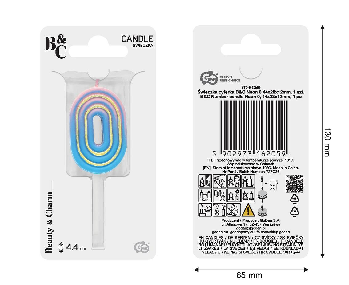 Number candle Neon 0, total length 8 cm