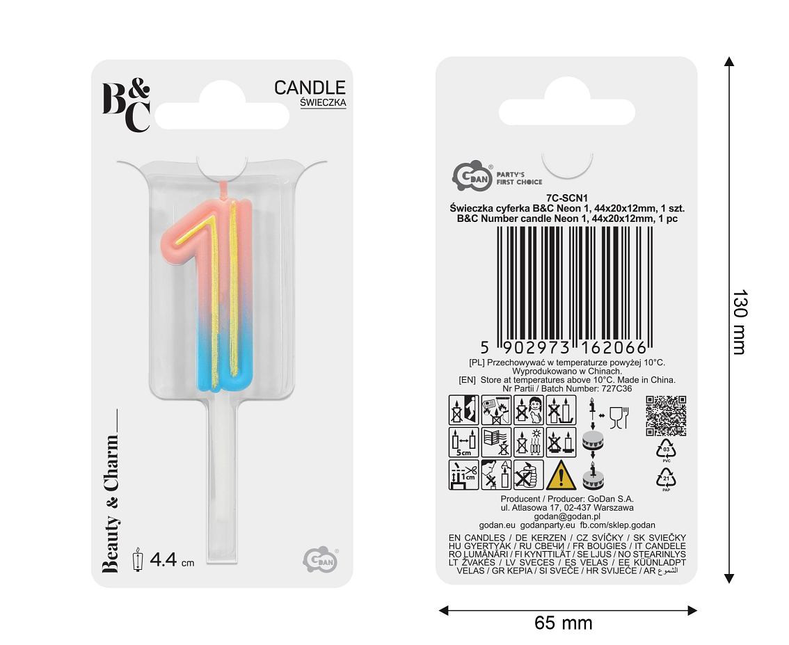 Number candle Neon 1, total length 8 cm