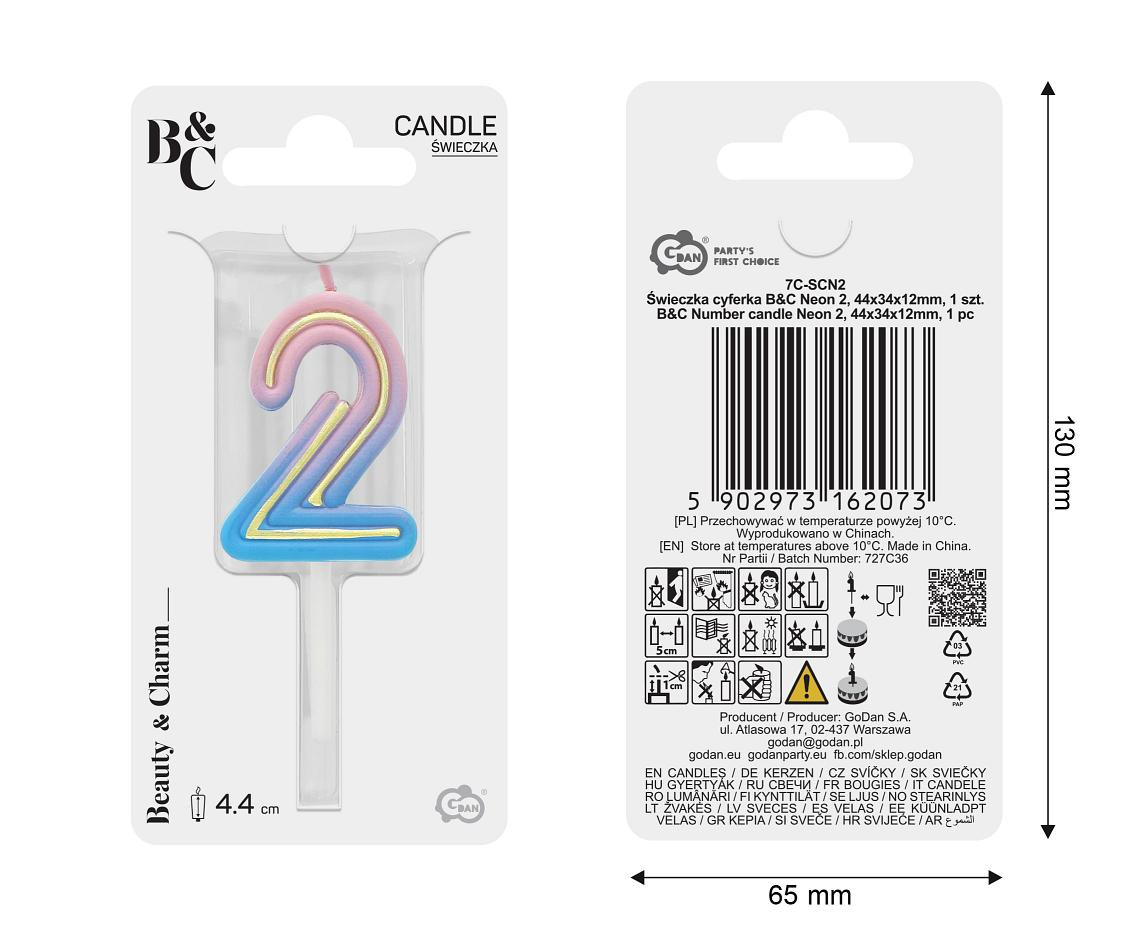 Number candle Neon 2,  total length 8 cm