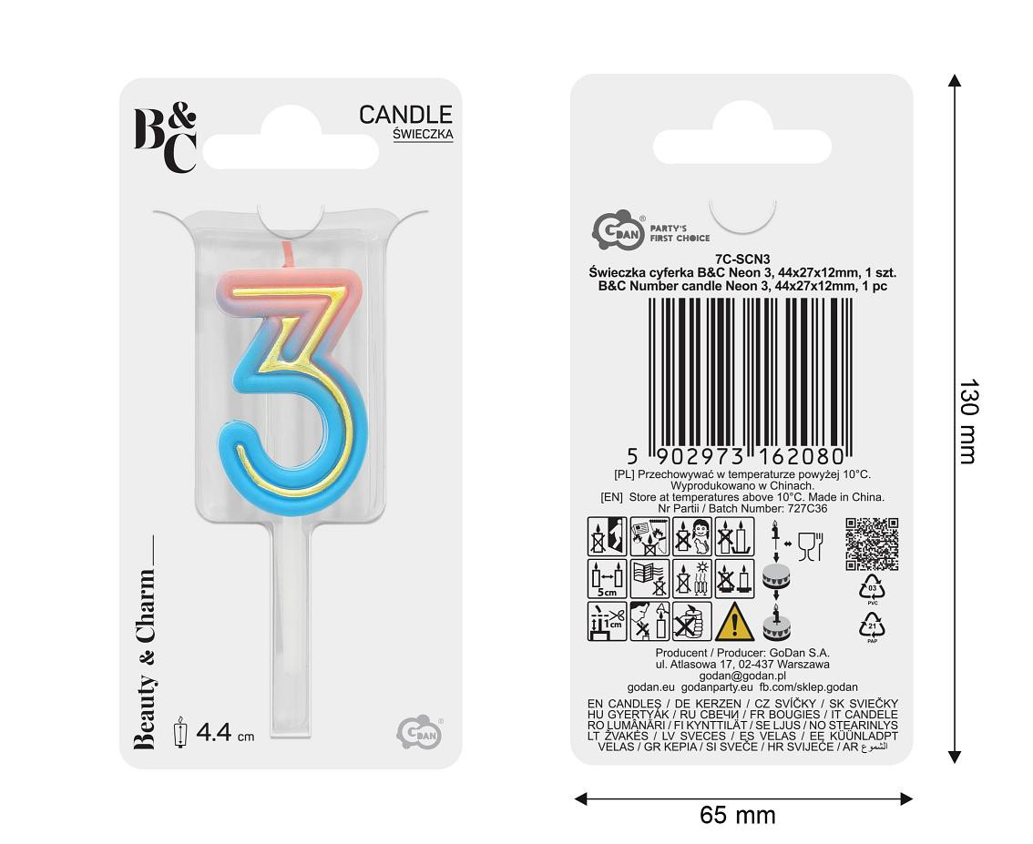Number candle Neon 3,  total length 8 cm