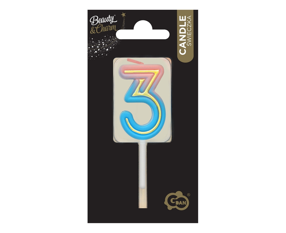 Number candle Neon 3,  total length 8 cm