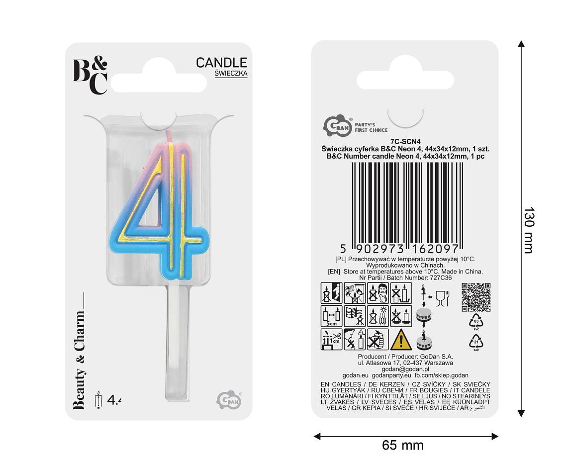 Number candle Neon 4,  total length 8 cm