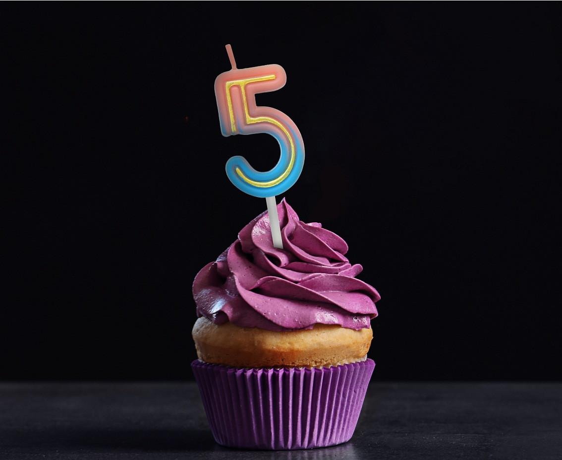 Number candle Neon 5,  total length 8 cm