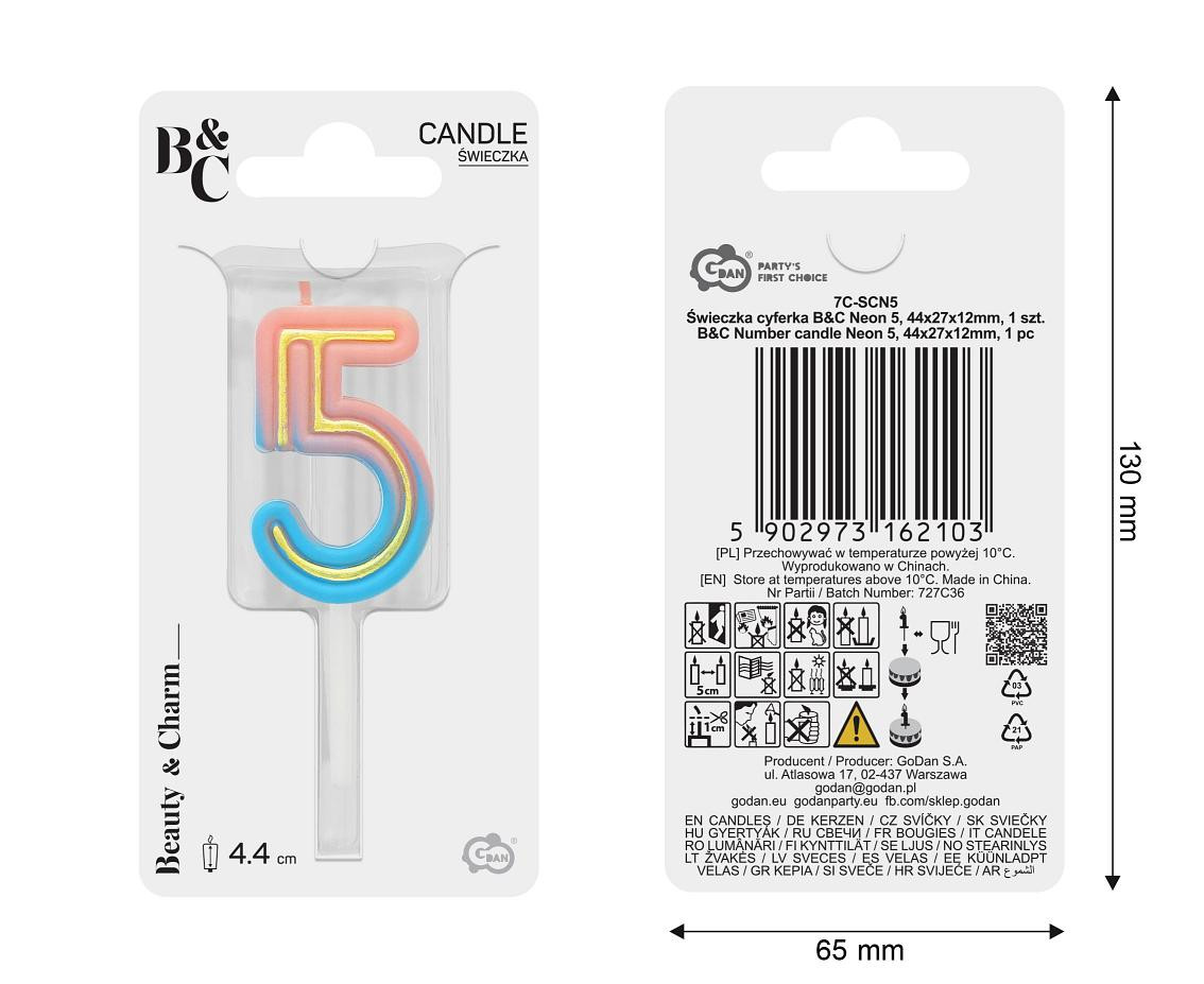 Number candle Neon 5,  total length 8 cm