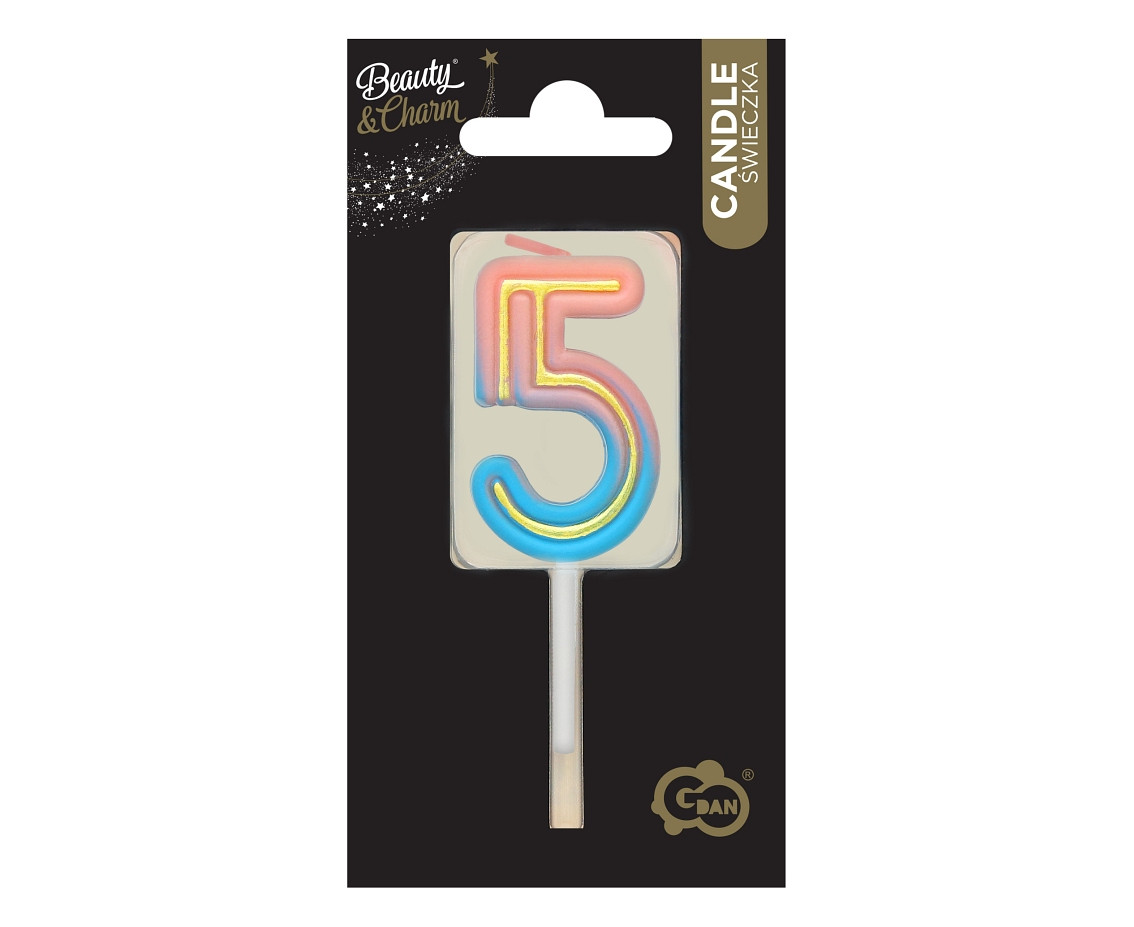Number candle Neon 5,  total length 8 cm