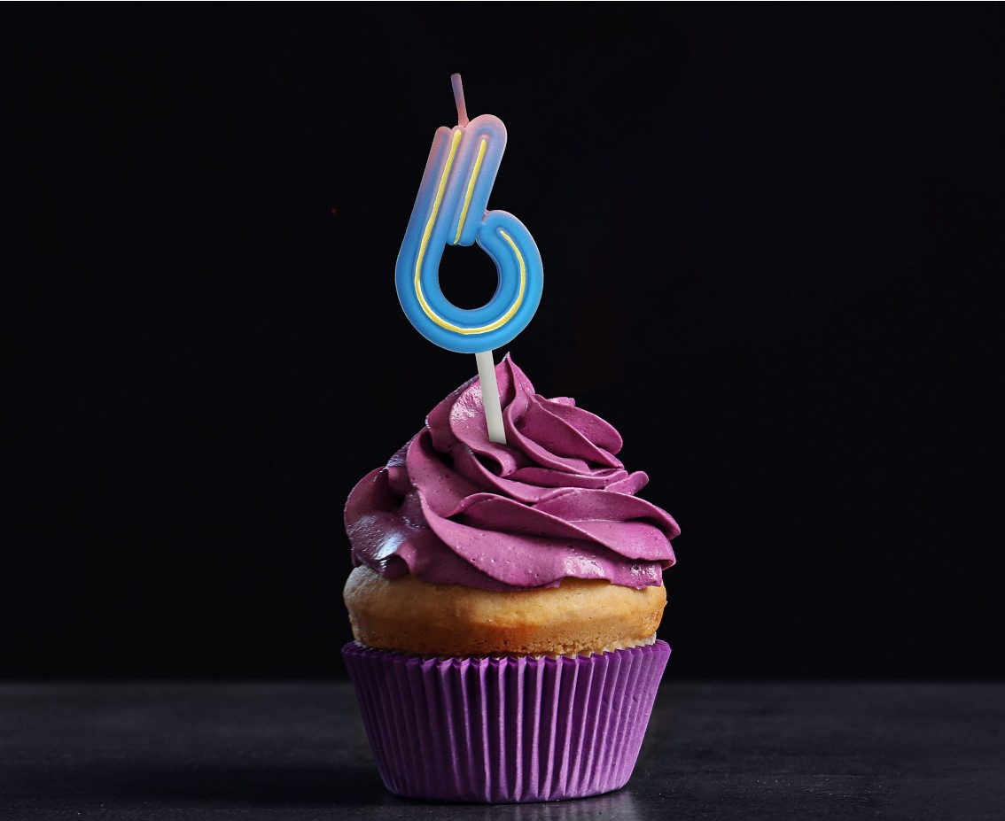 Number candle Neon 6,  total length 8 cm