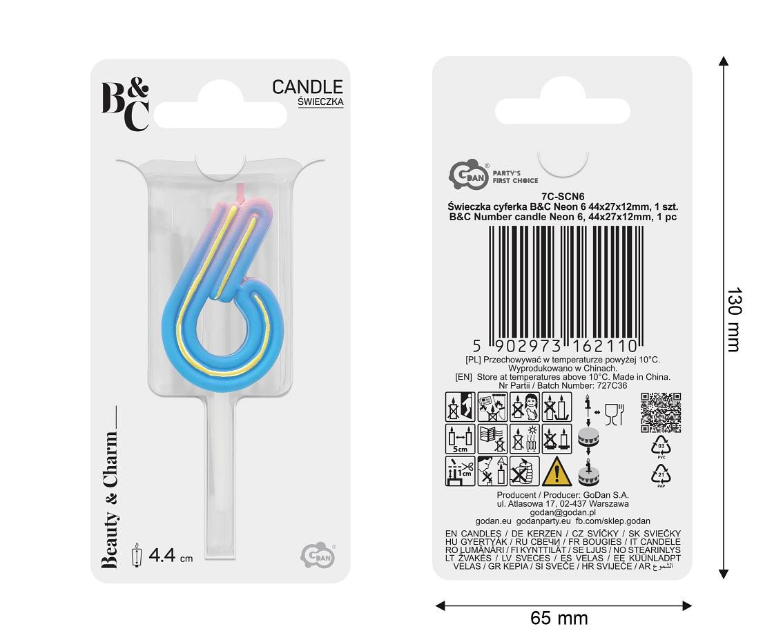 Number candle Neon 6,  total length 8 cm