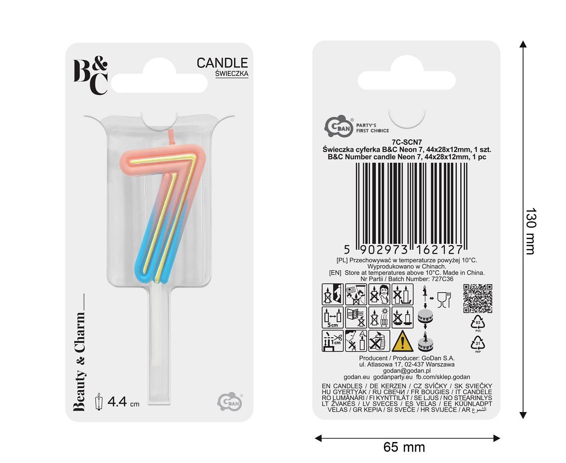 Number candle Neon 7,  total length 8 cm
