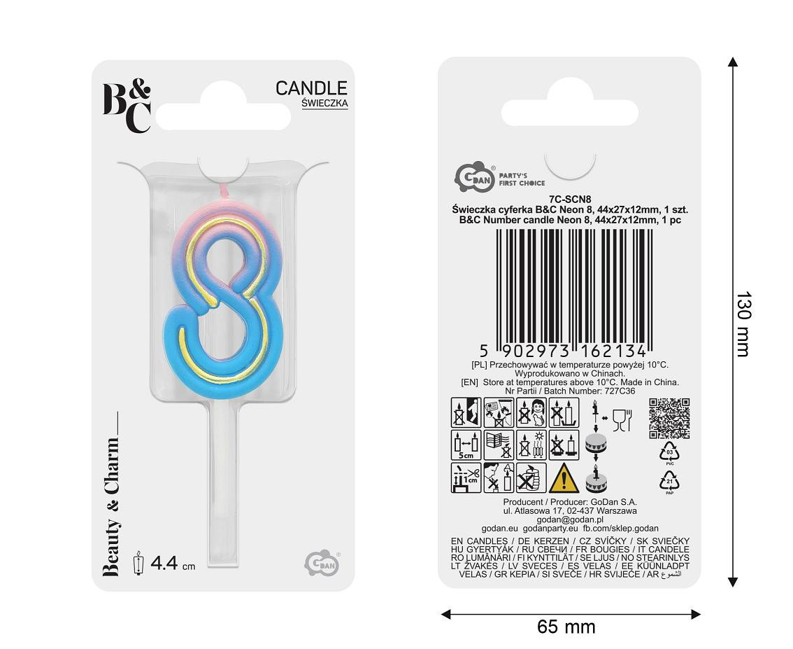 Number candle Neon 8,  total length 8 cm