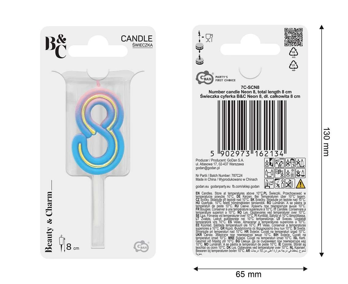 Number candle Neon 8,  total length 8 cm