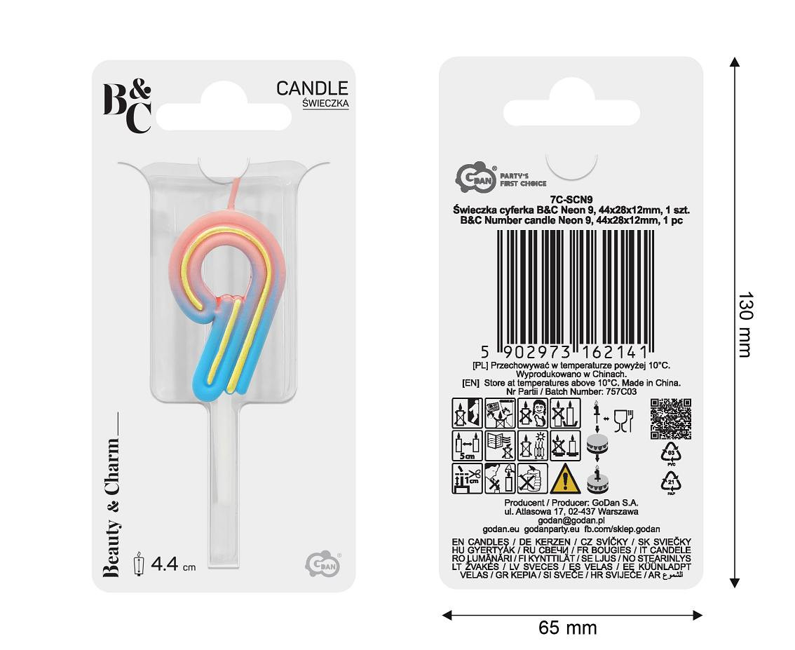 Number candle Neon 9,  total length 8 cm