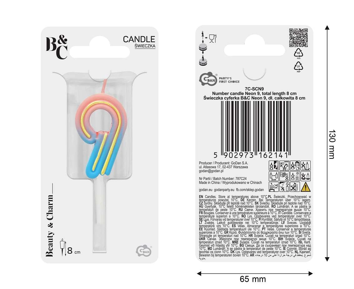 Number candle Neon 9,  total length 8 cm