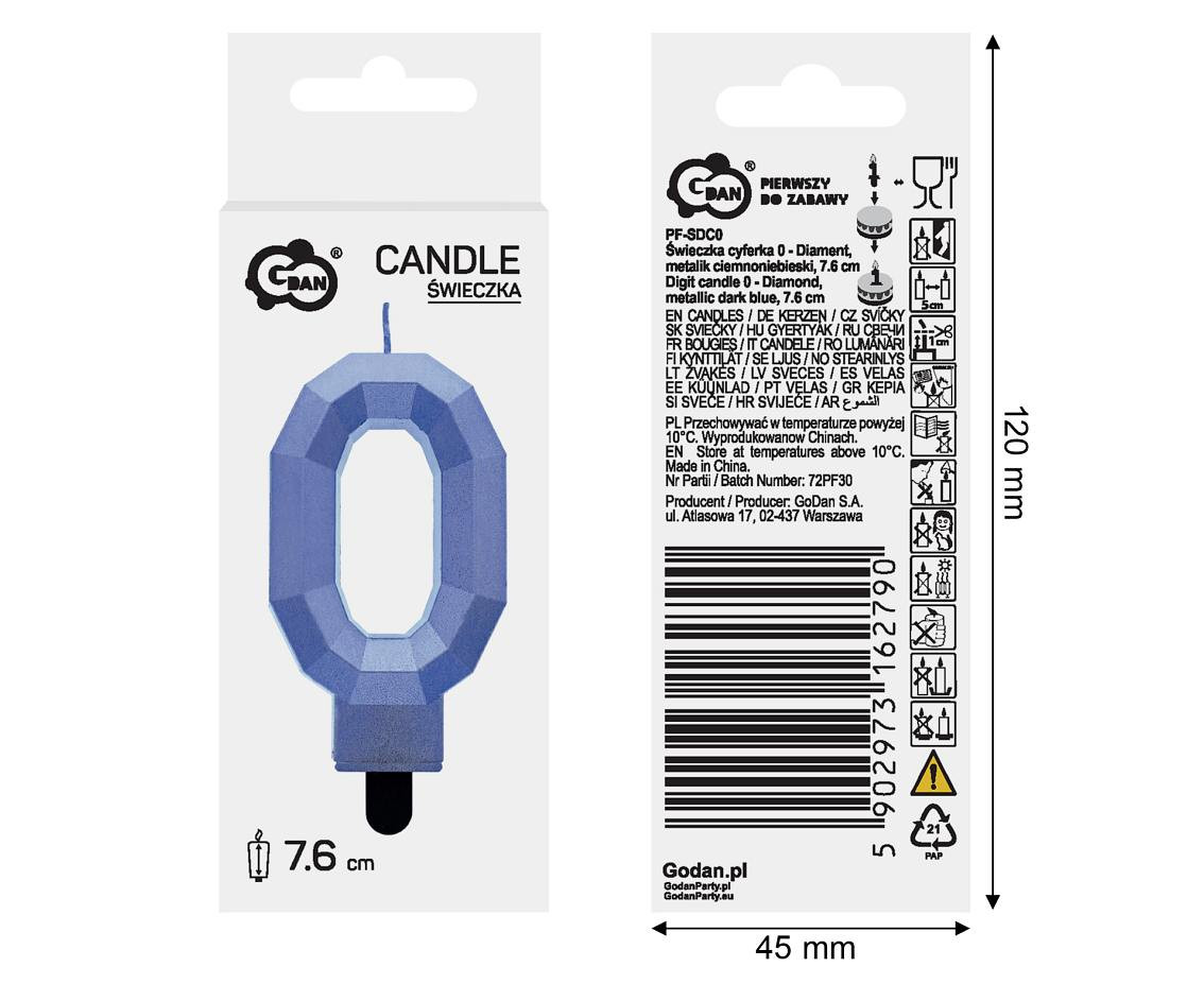 Digit candle 0 - Diamond , metallic dark blue, 7.6 cm EOL