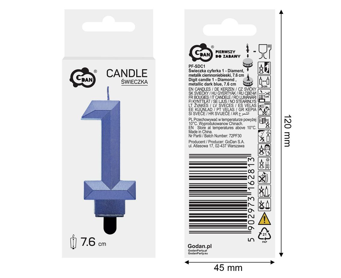 Digit candle 1 - Diamond , metallic dark blue, 7.6 cm EOL