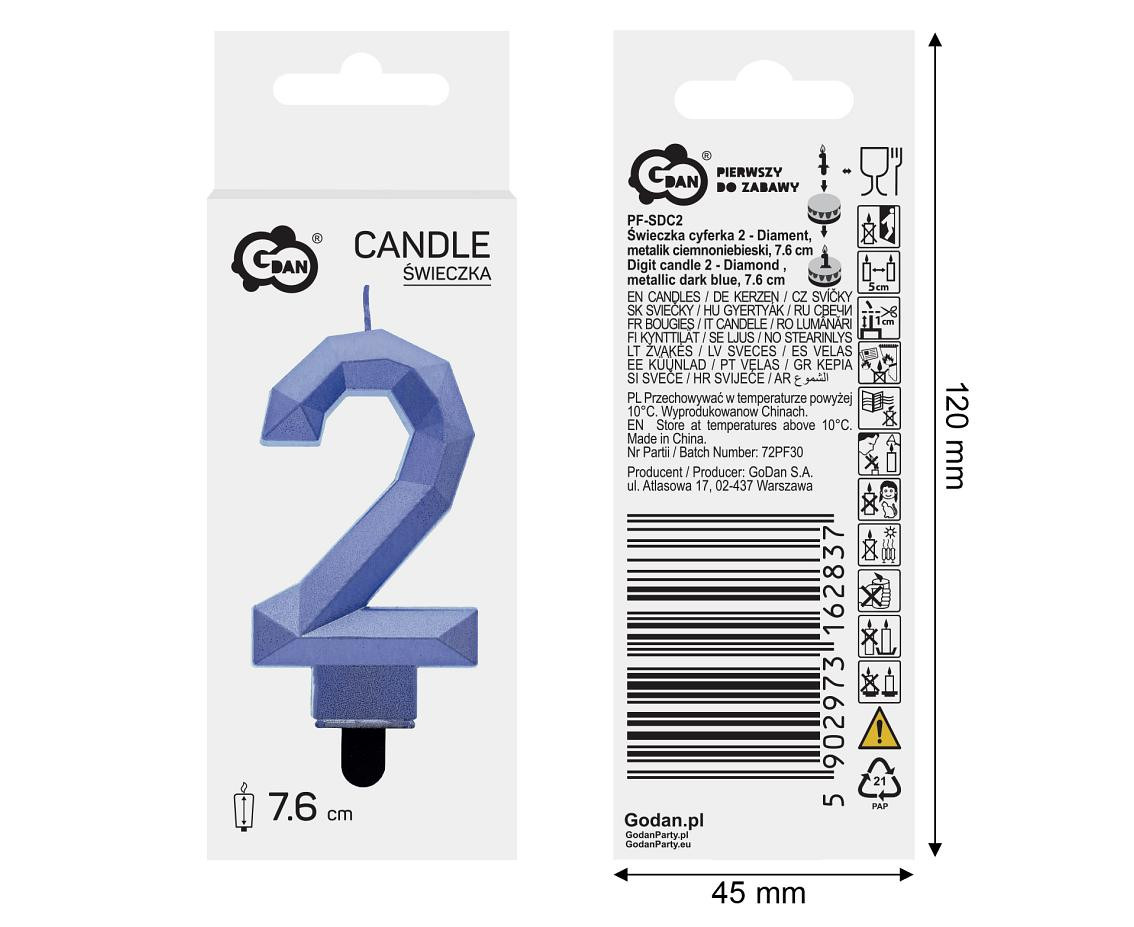 Digit candle 2 - Diamond , metallic dark blue, 7.6 cm EOL