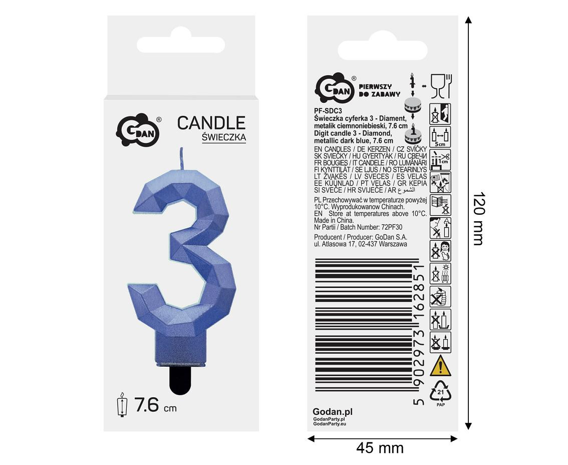 Digit candle 3 - Diamond , metallic dark blue, 7.6 cm EOL